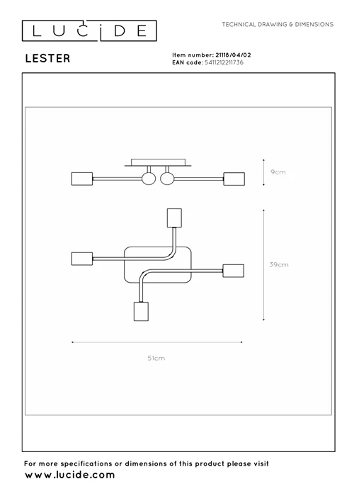 Lucide LESTER - Plafonnière - 4xE27 - Mat Goud / Messing - technisch